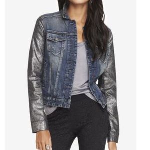 Crackled Metallic Sleeve Denim Jean Jacket